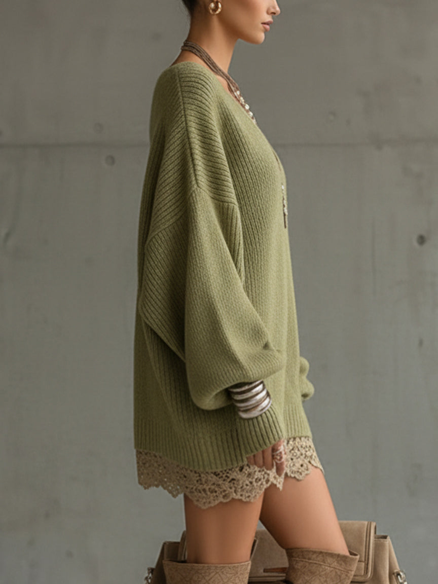 Olive Knit Loose Fit Lace Hem Mini Dress