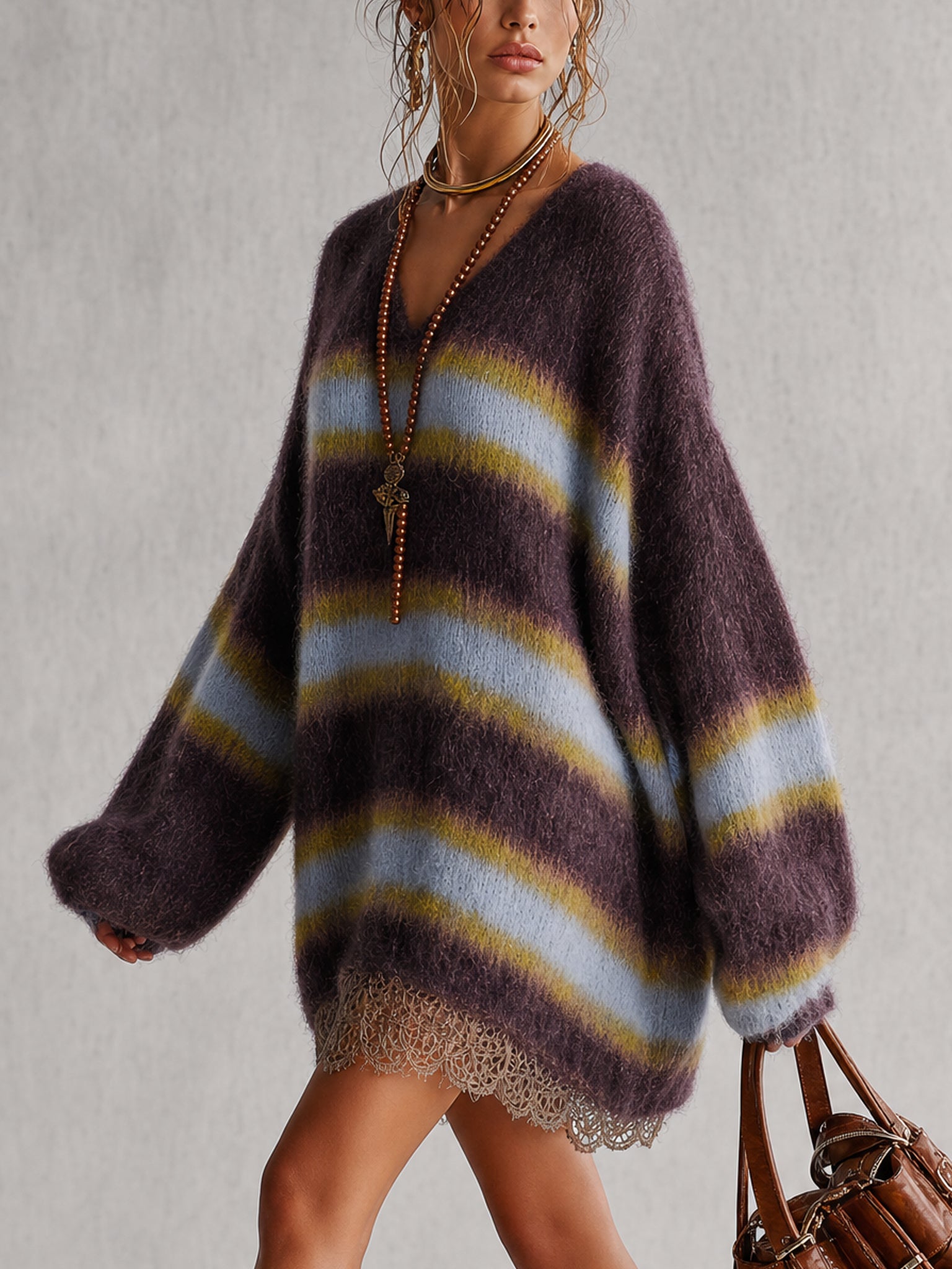 Color Block Mohair Loose Mini Dress