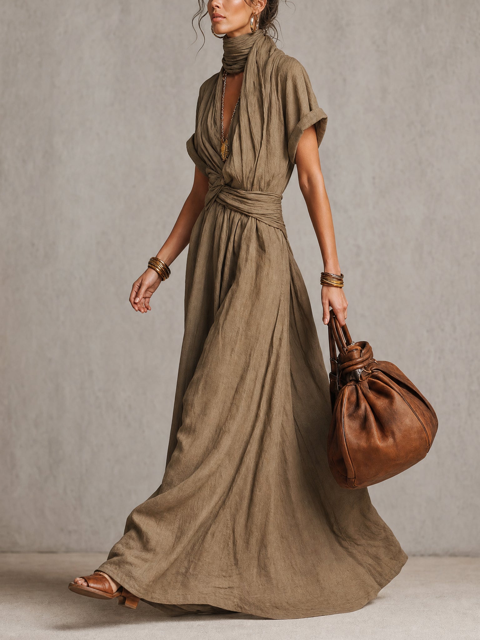 Green Linen Loose Tie Neck Maxi Dress