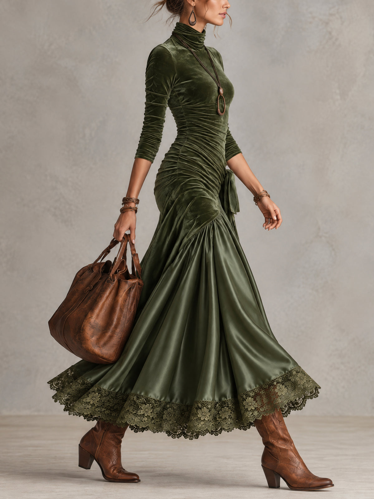 Olive Green Stretch Velvet Satin Panelled Lace Hem Maxi Dress