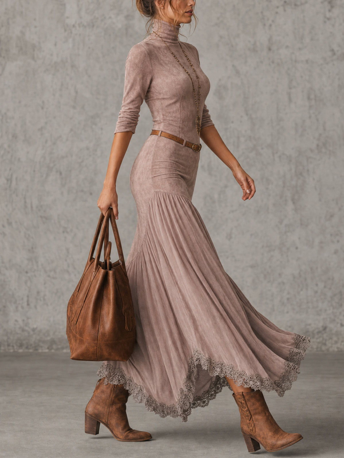 Blush Suede And Chiffon Lace Maxi Dress