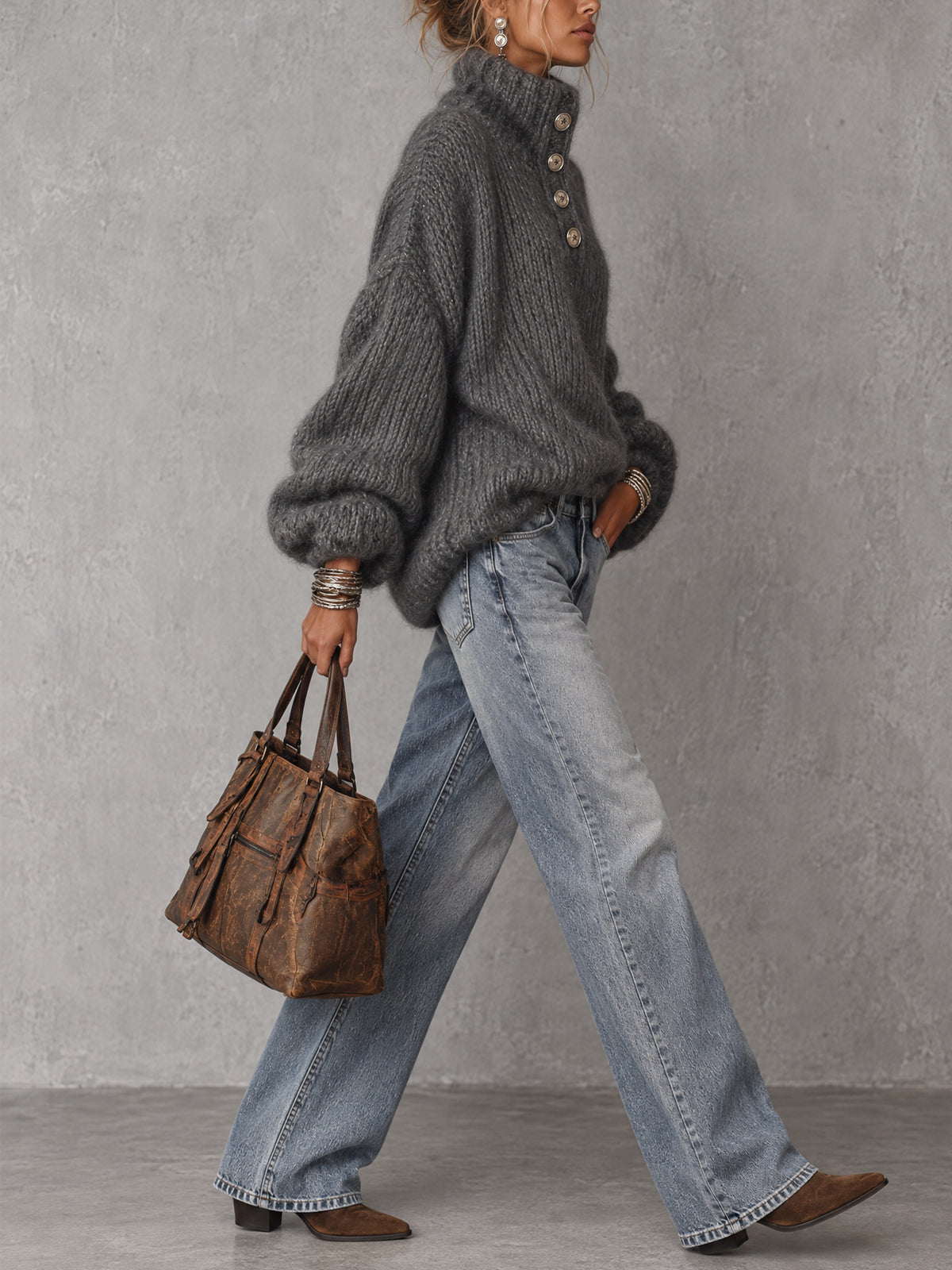 Charcoal Gray Metallic Thread Button Detail Oversized Sweater