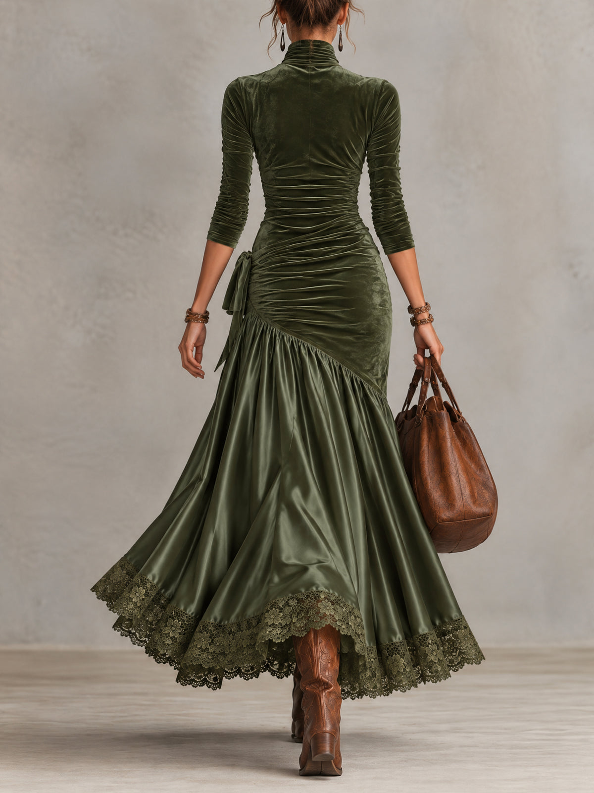 Olive Green Stretch Velvet Satin Panelled Lace Hem Maxi Dress