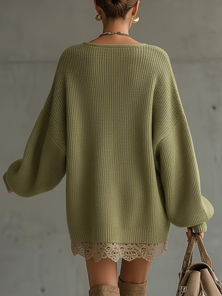 Olive Knit Loose Fit Lace Hem Mini Dress