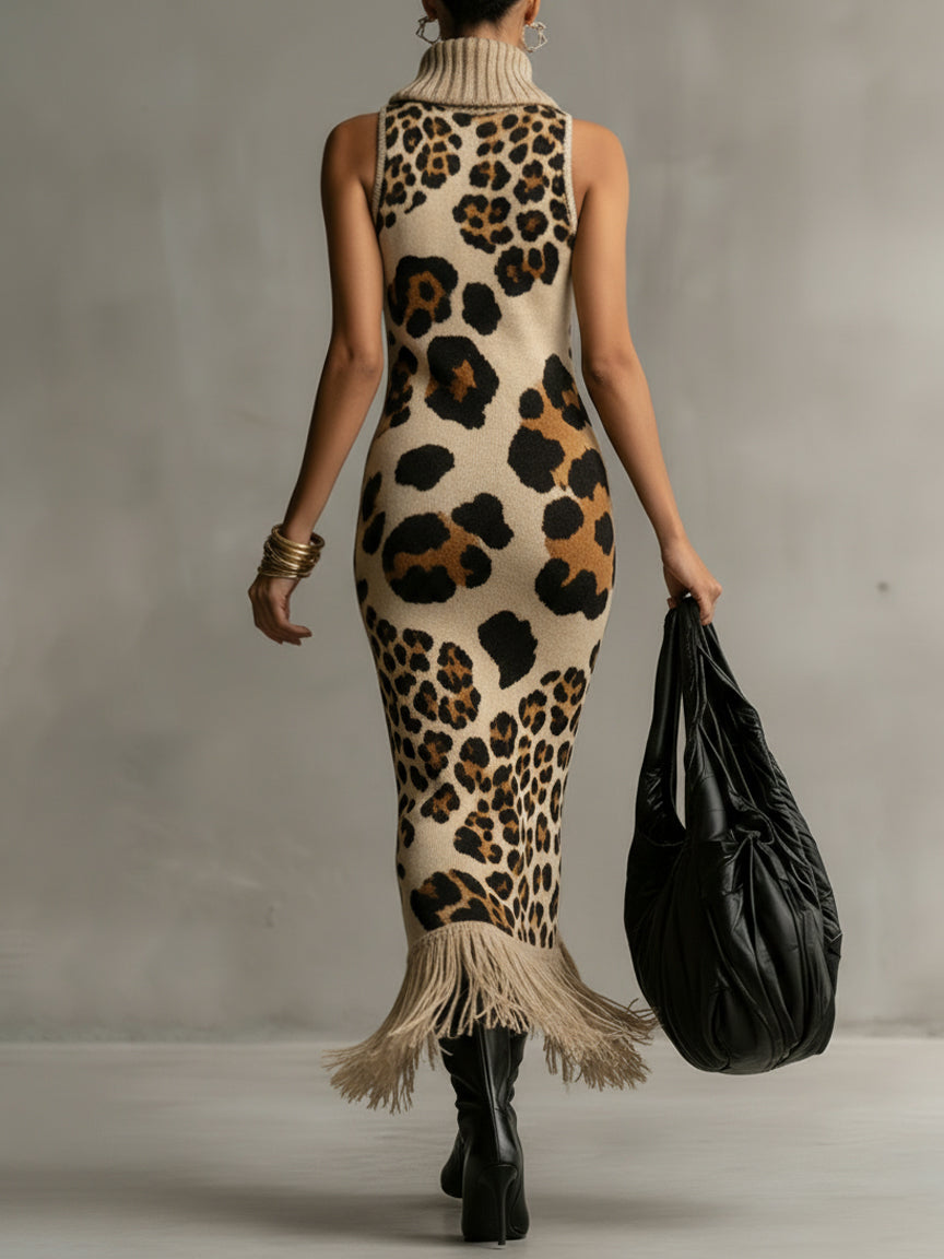 Brown Irregular Leopard Print Knitted Tassel Sleeveless Maxi Dress