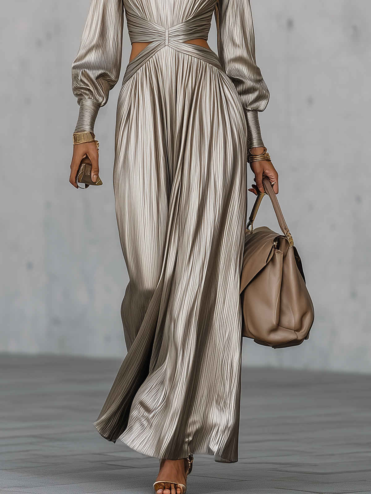 Champagne Pleated Satin Maxi Dress With Side Cutouts And Long Sleeves