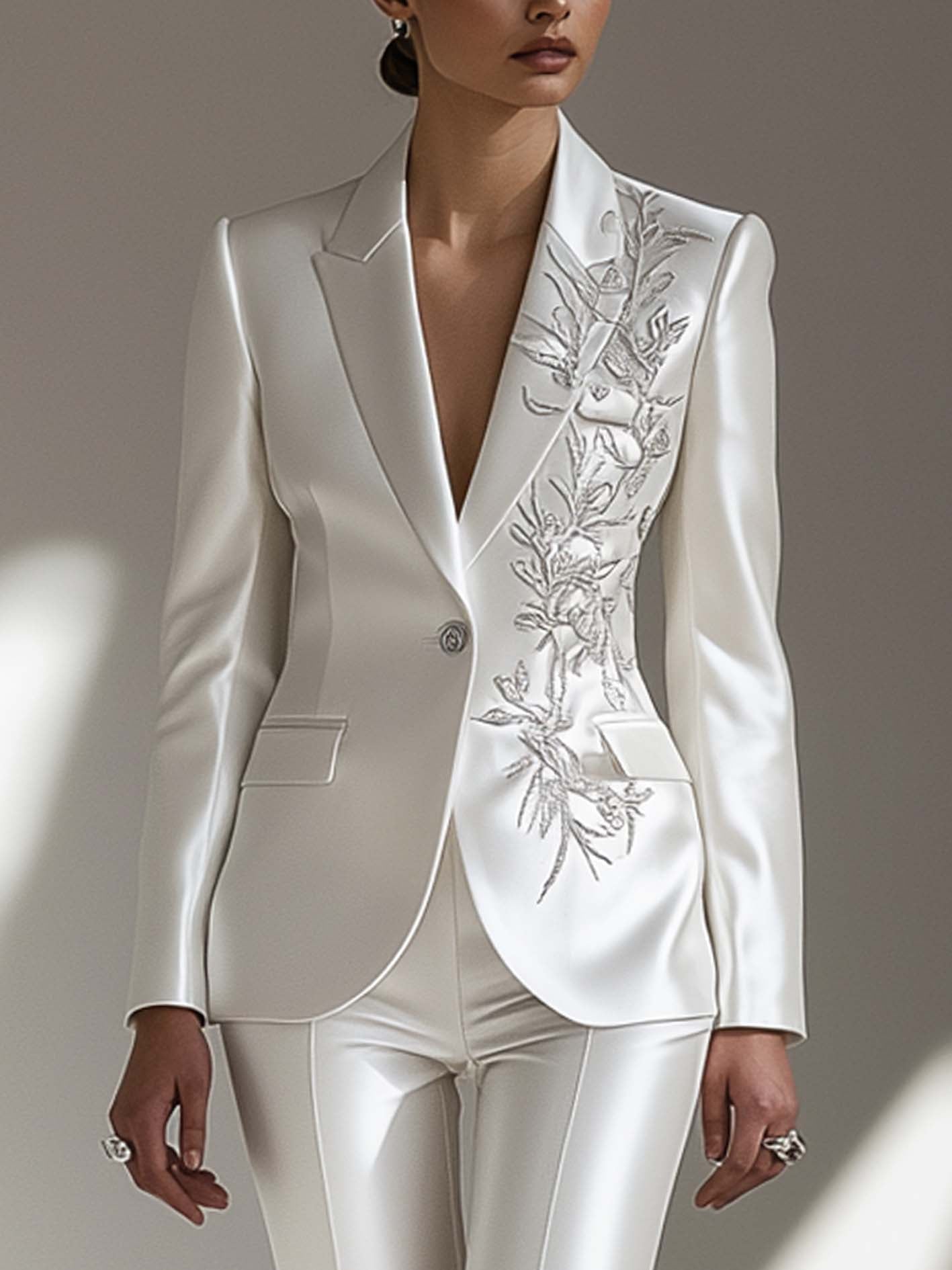 White Satin Suit With Silver Botanical Embroidery