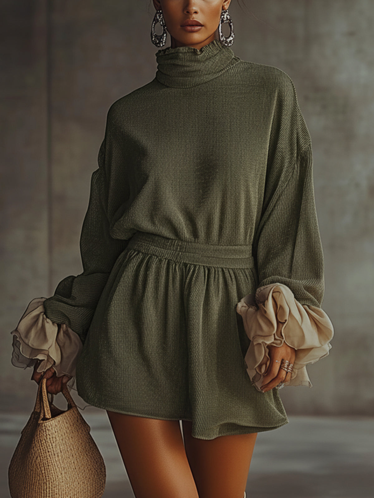 Green Turtleneck Dress With Billowy Chiffon Sleeves