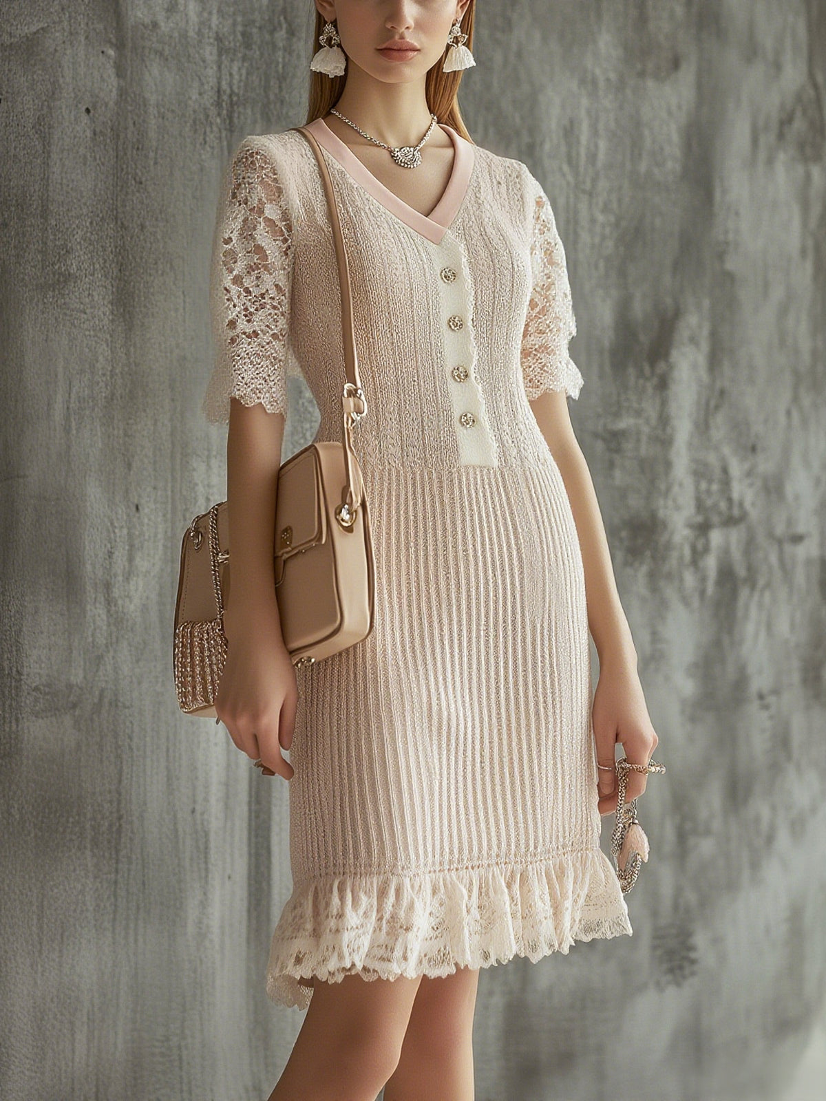 Pink Knit Lace Panel Button Front V-Neck Short Sleeve Midi Dress