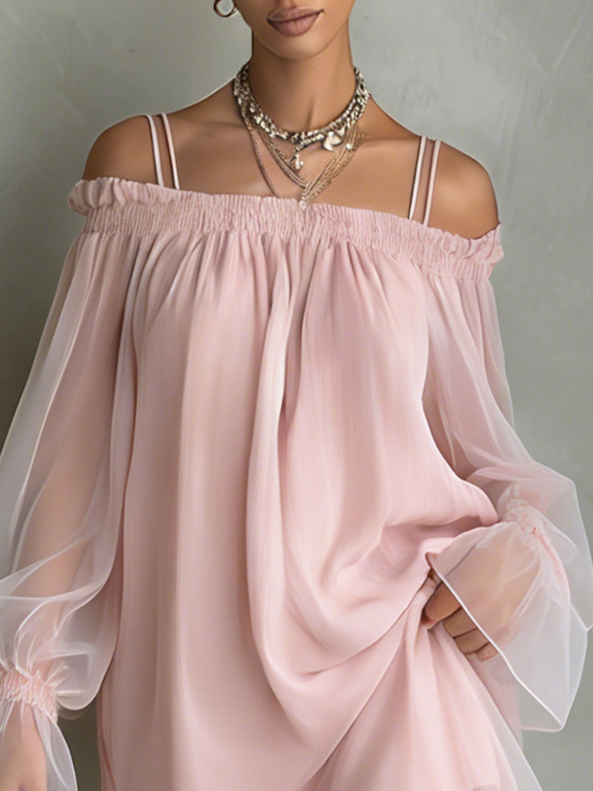 Pink Off-Shoulder Sheer Long Sleeve Mini Dress