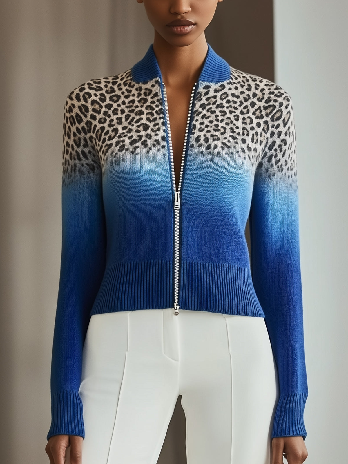 Blue Zip Up Knit Sweater With Leopard Print
