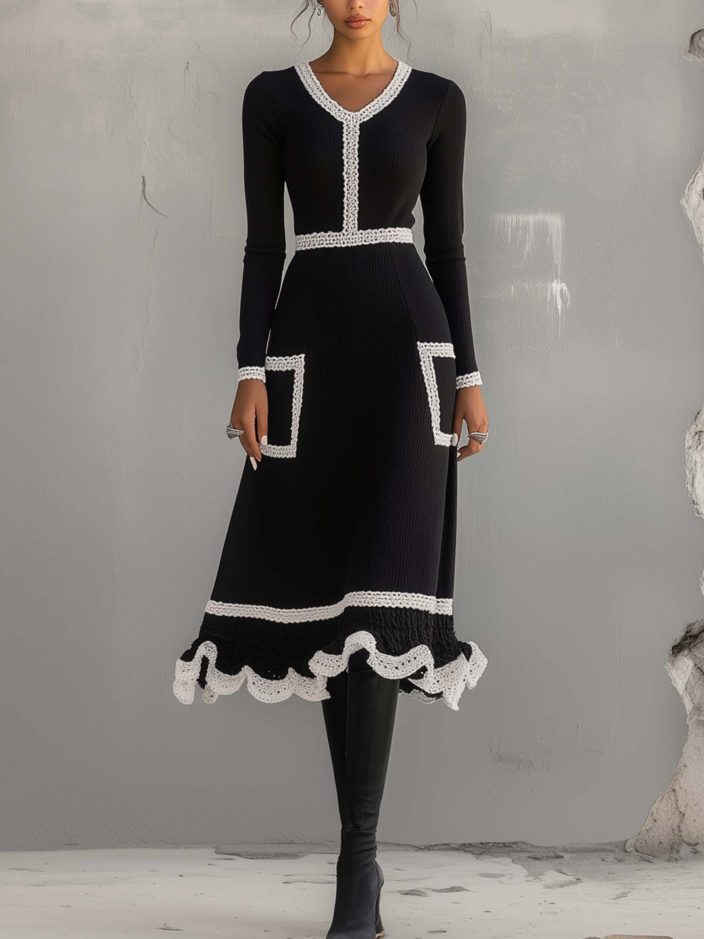Simple Black Knitted Midi Dress With White Lace Trim