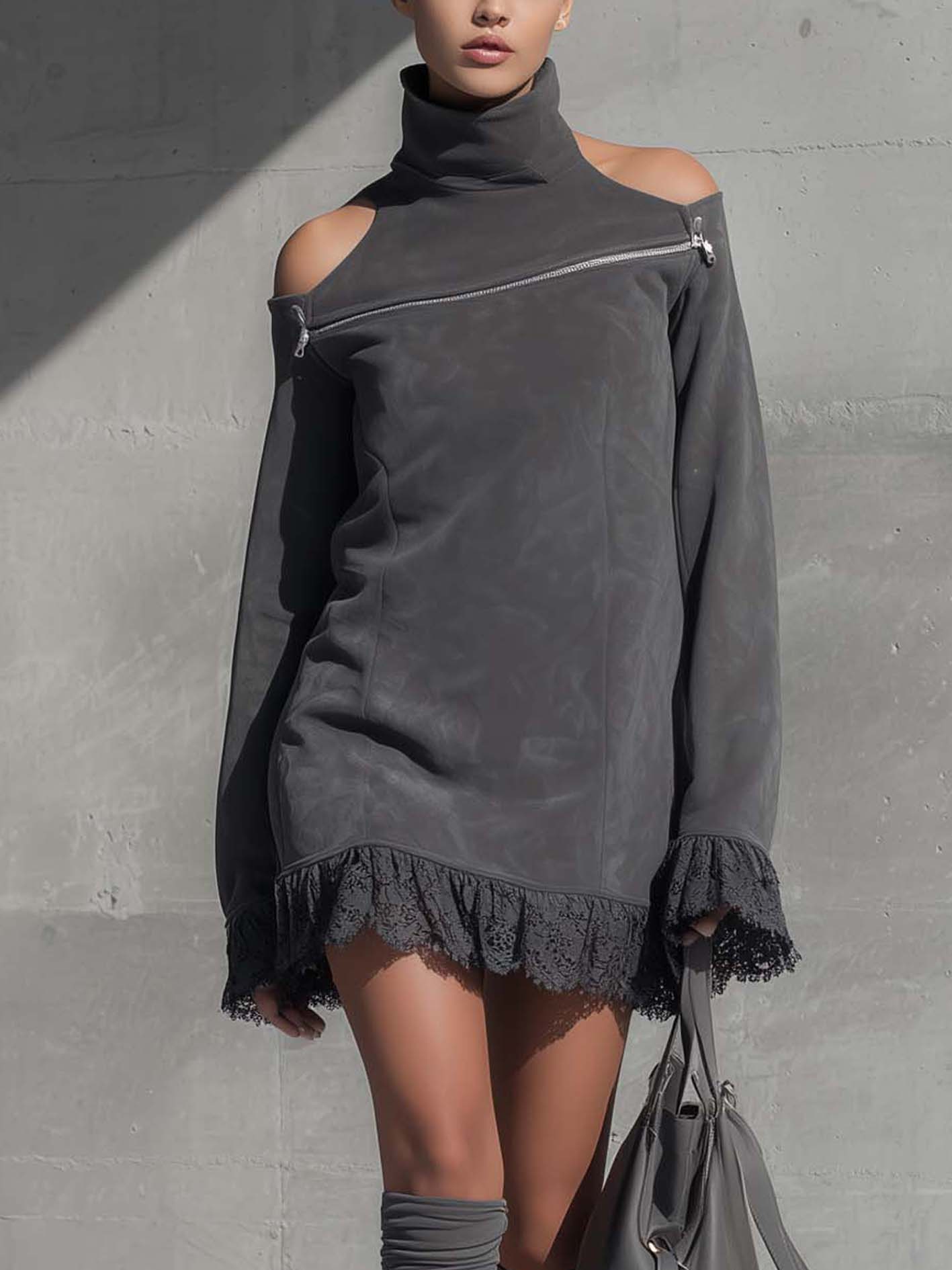 Gray Faux Suede Mini Dress With Lace And Zipper