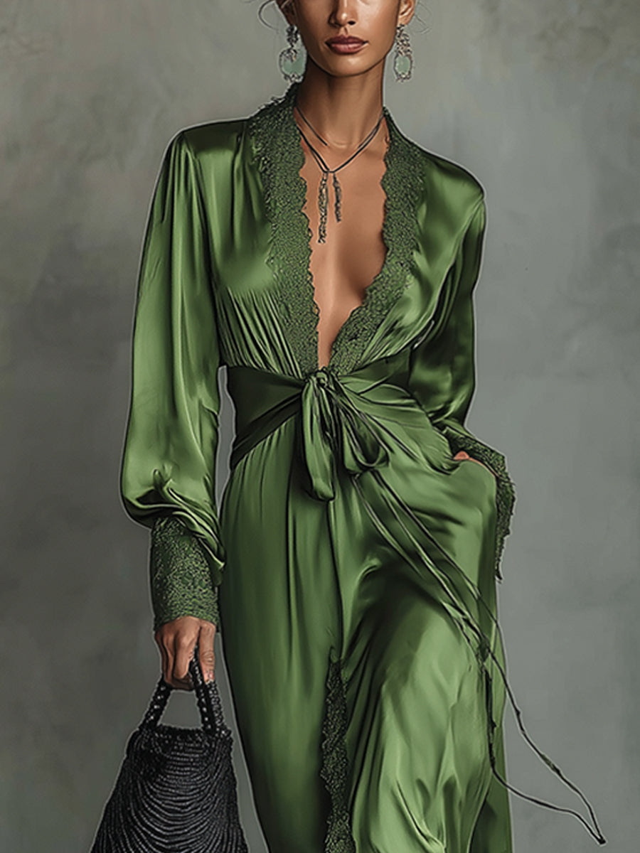 Green Satin Tie Waist Deep V-Neck Maxi Dress With Lace Trim