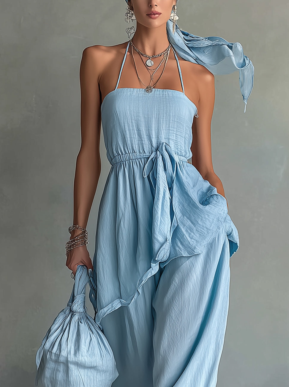 Light Blue Halter Neck Linen Shirt And Pants Set