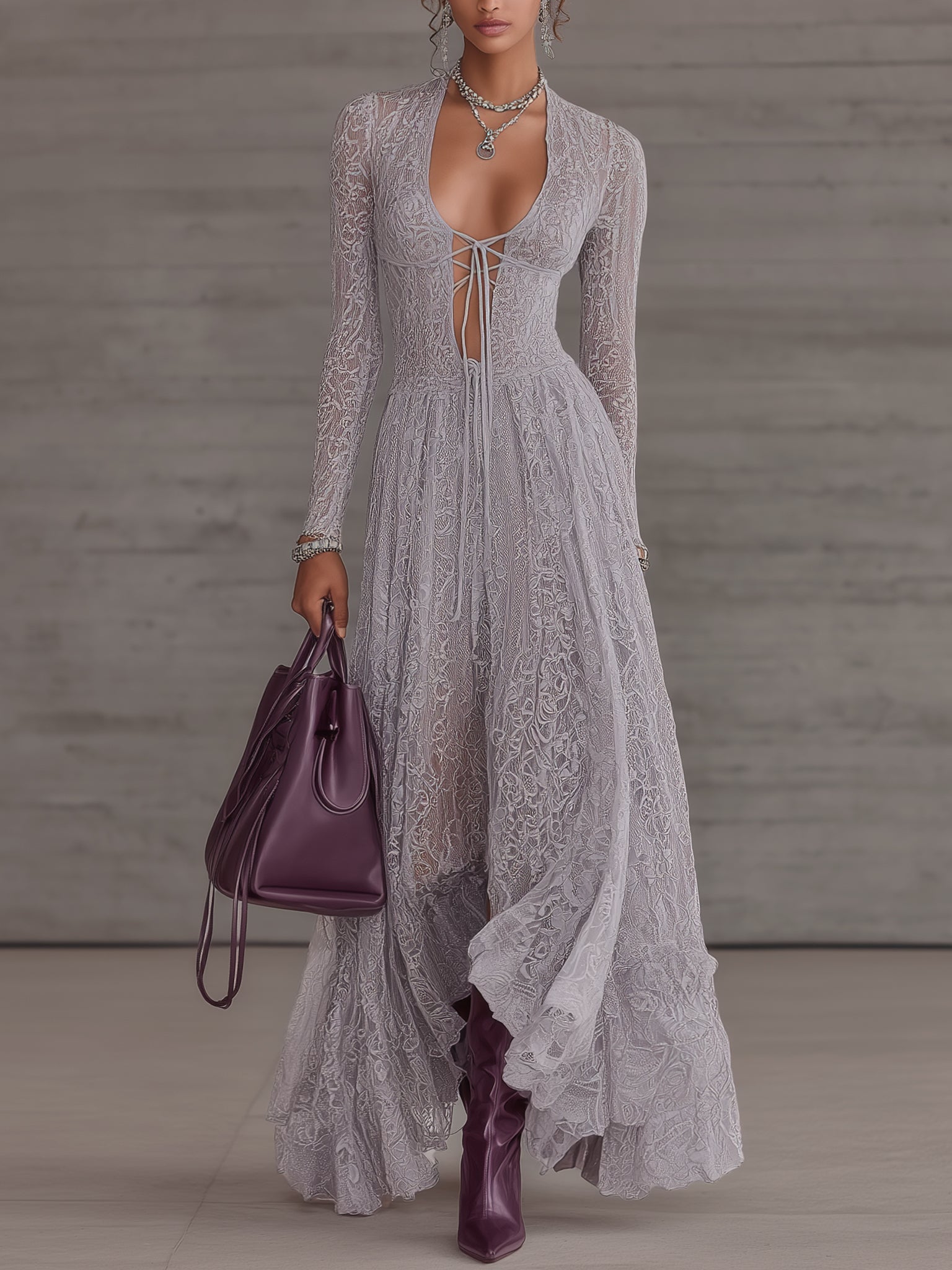 Lavender Lace Long Sleeve Tie-Front Maxi Dress