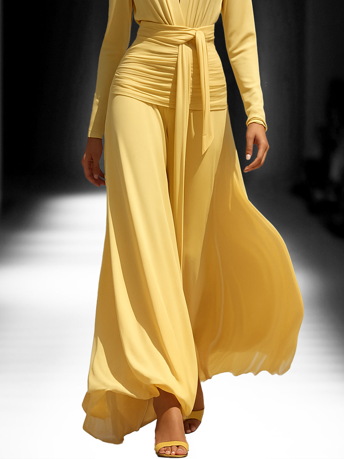 Yellow Deep V-Neck Long Sleeve Dress