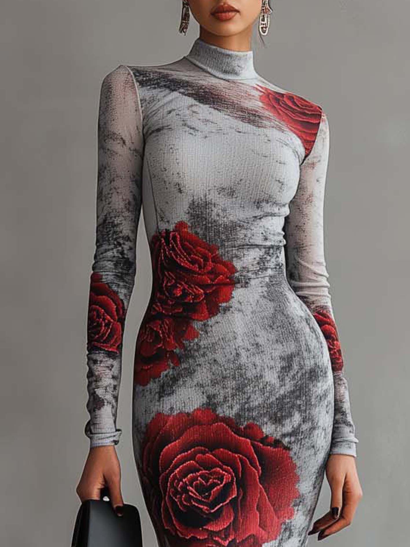 Light Gray Stretch-knit Bodycon Dress With Gradient Roses