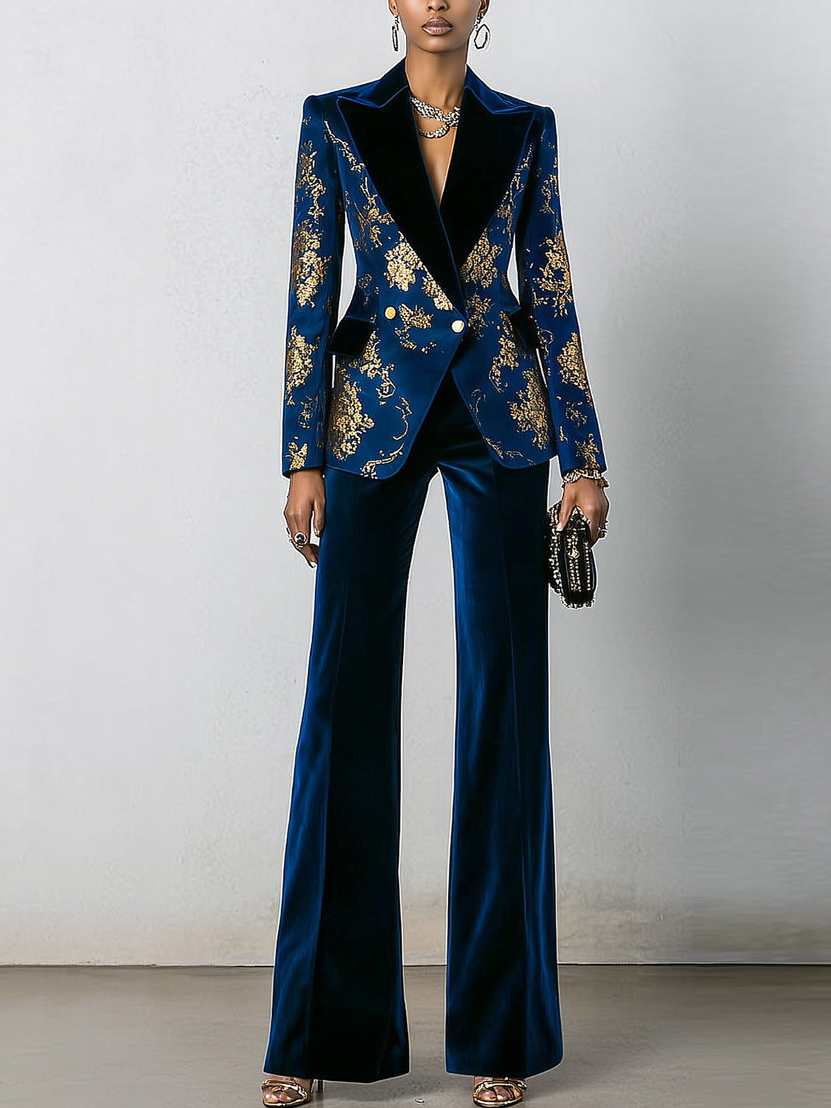 Royal Blue Velvet Printed Blazer And Flared Pants Suit