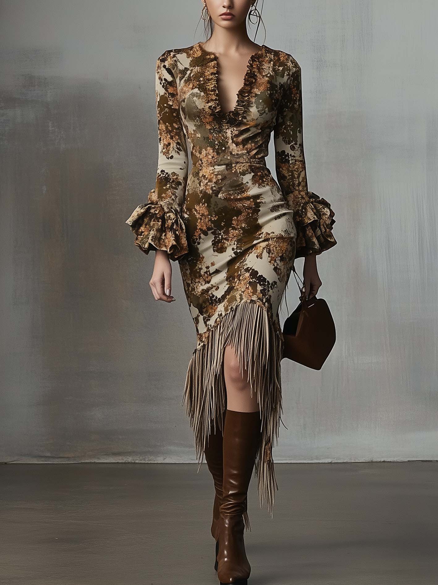 Beige Midi Bodycon Dress With Brown Fashion Camouflage And Tassels