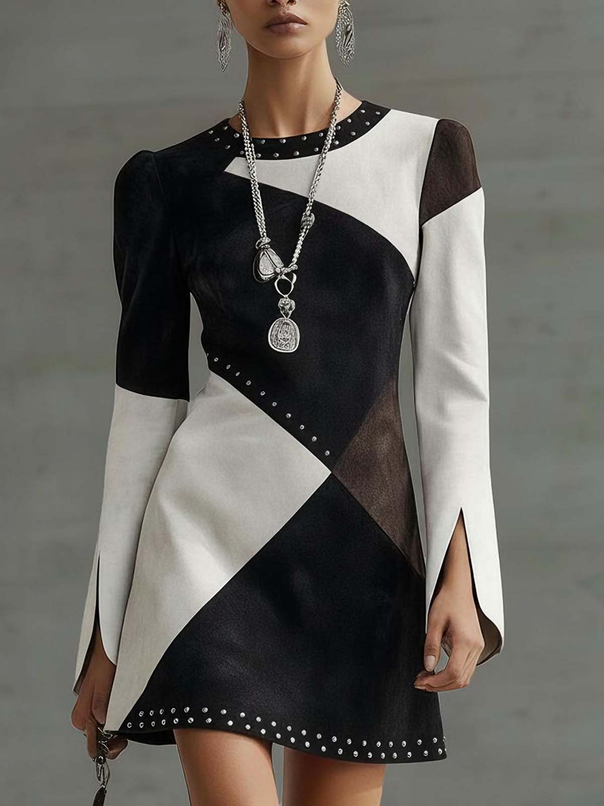 Black And White Color Blocked Faux Suede Studded Long Sleeved Mini Dress