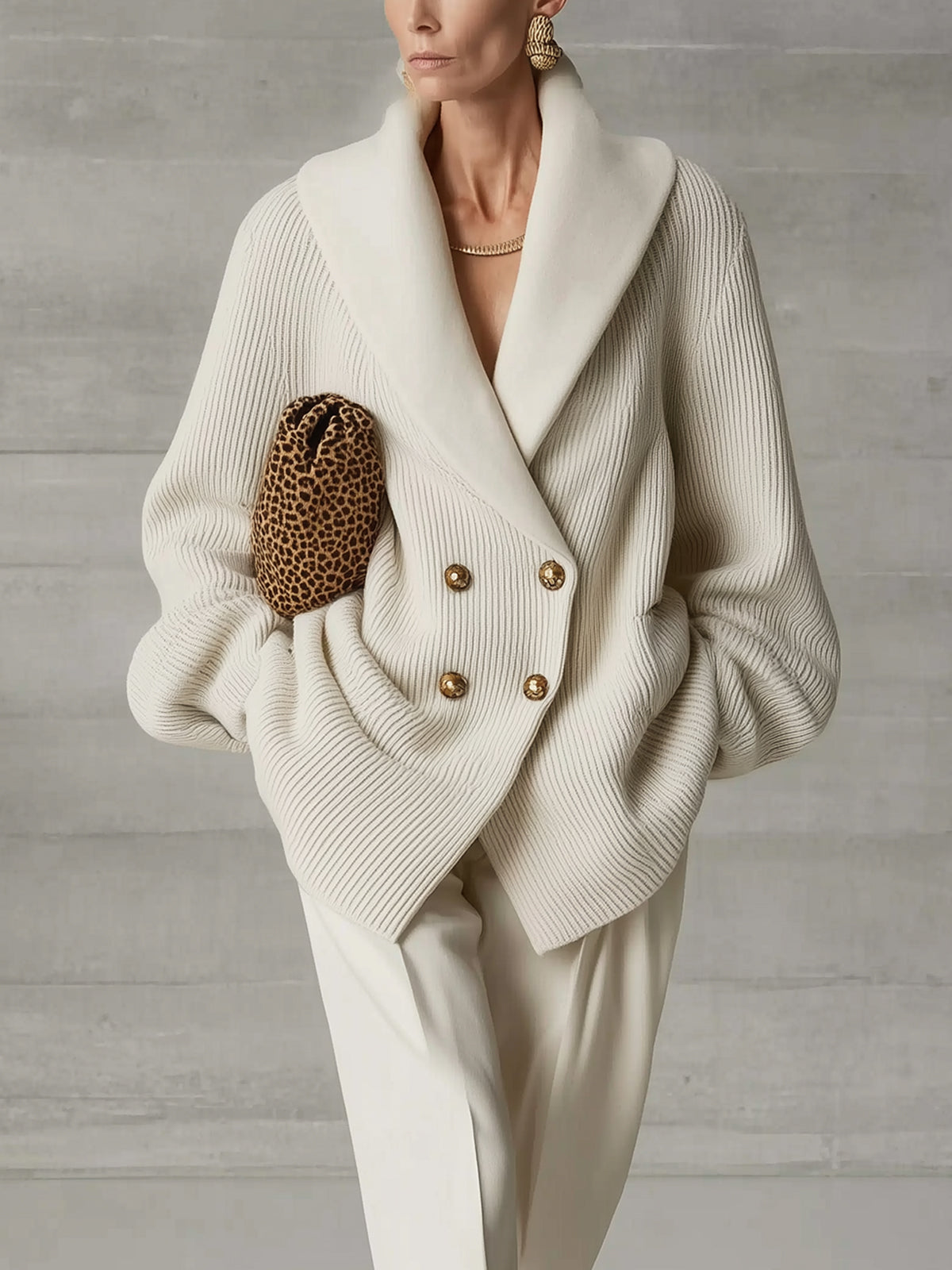 Ivory Commuter Style Wool Lapel Knit Coat