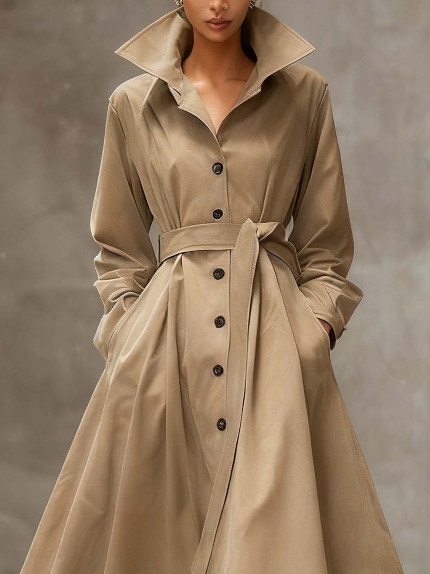 Khaki Faux Suede Maxi Dress With Lace And Lapel
