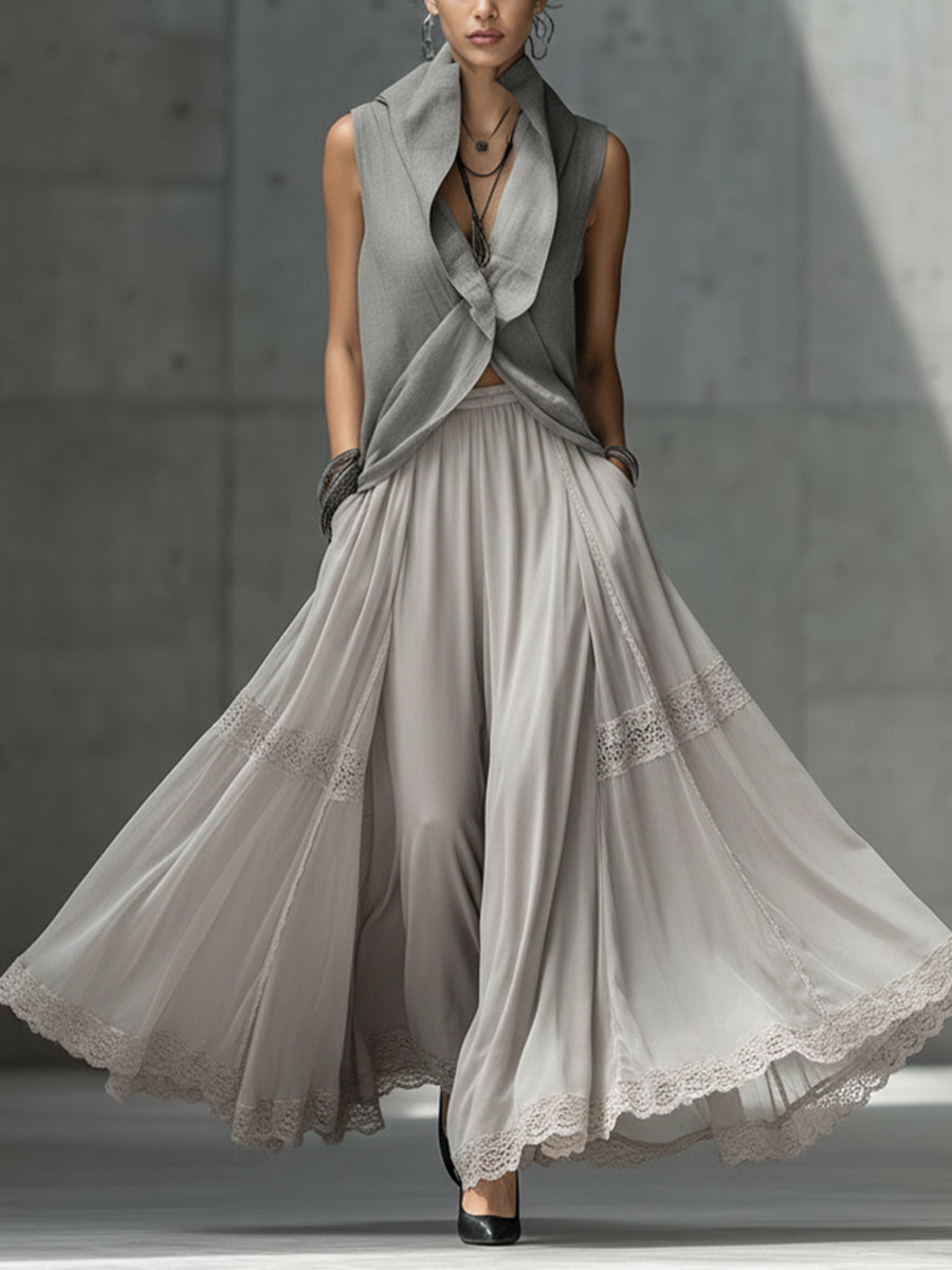 Gray Linen Blend V-Neck Draped Top And Chiffon Lace Skirt Set