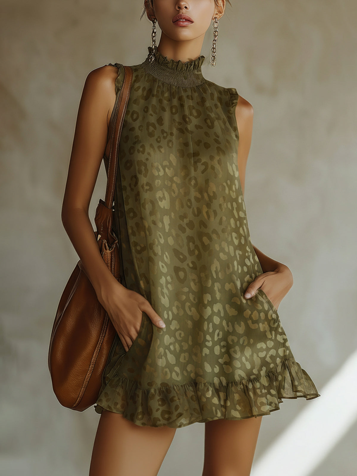 Olive Leopard Print Sleeveless Ruffle Hem Mini Dress
