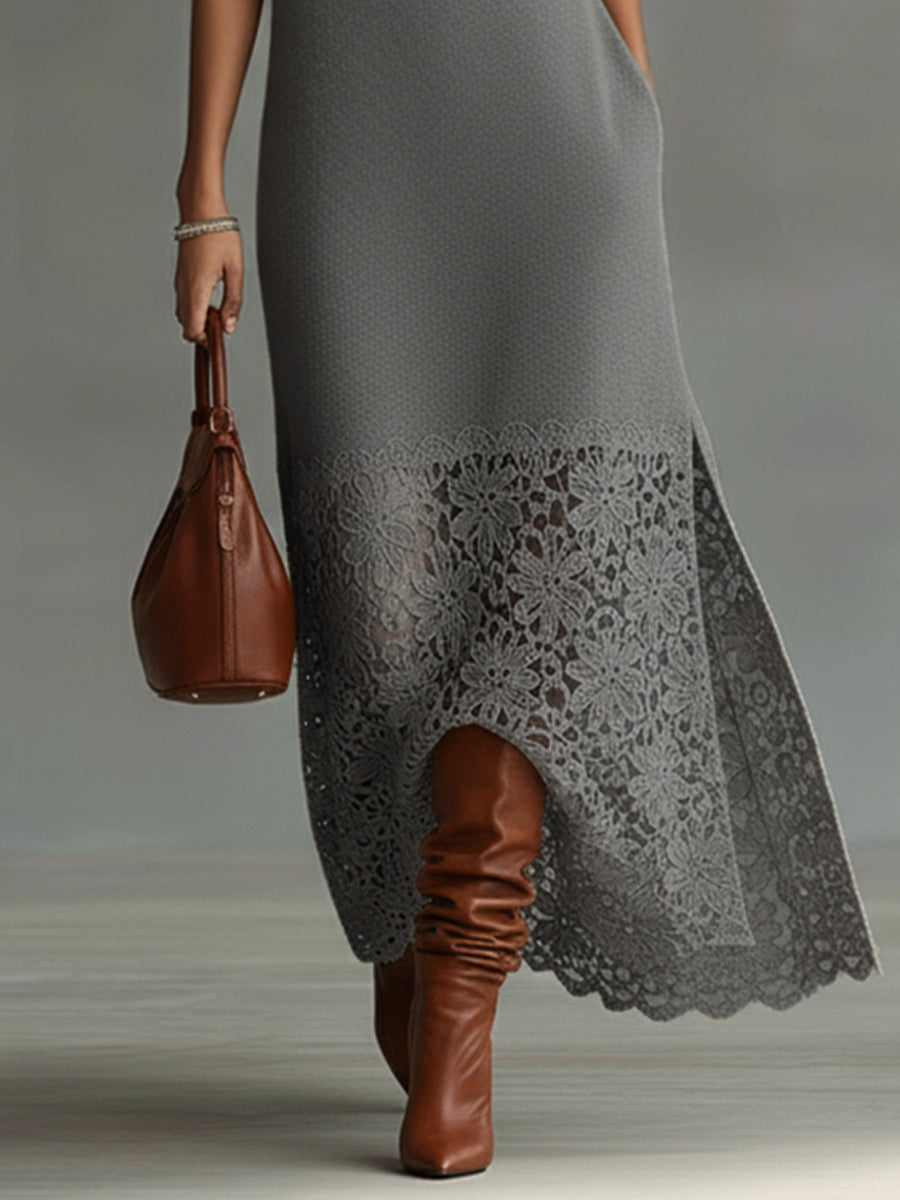 Gray Knit Sleeveless Lace Hem Maxi Dress