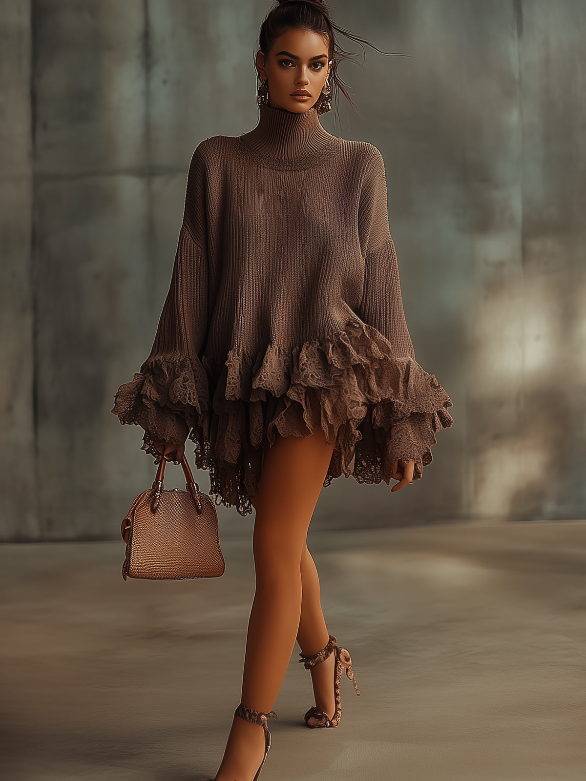 Brown Knitted Lace Ruffle Turtleneck Dress
