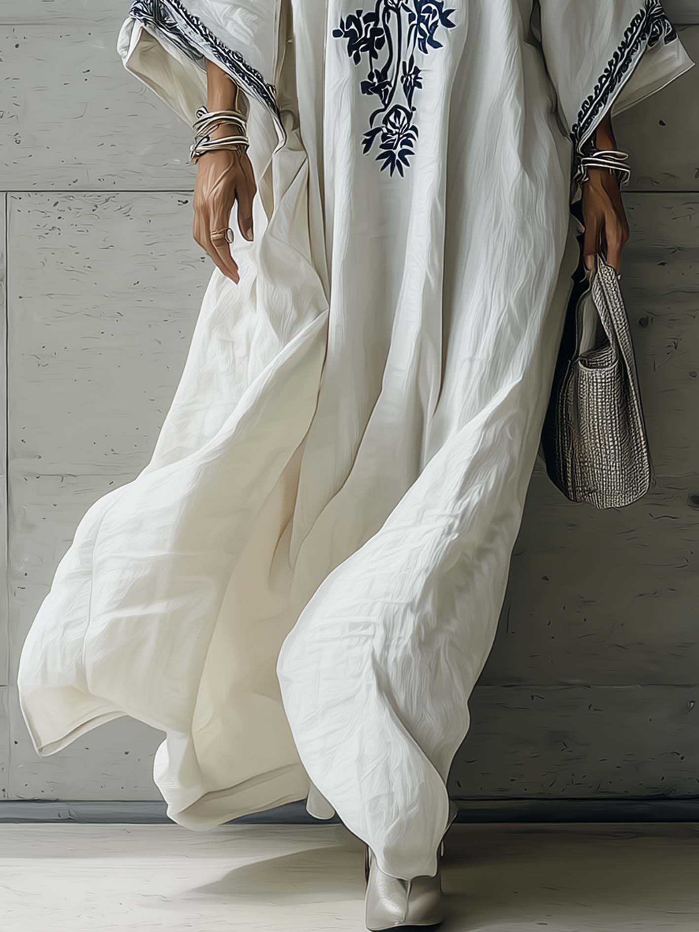 White Cotton-Linen With Blue Floral Embroidery Boho Casual Maxi Dress