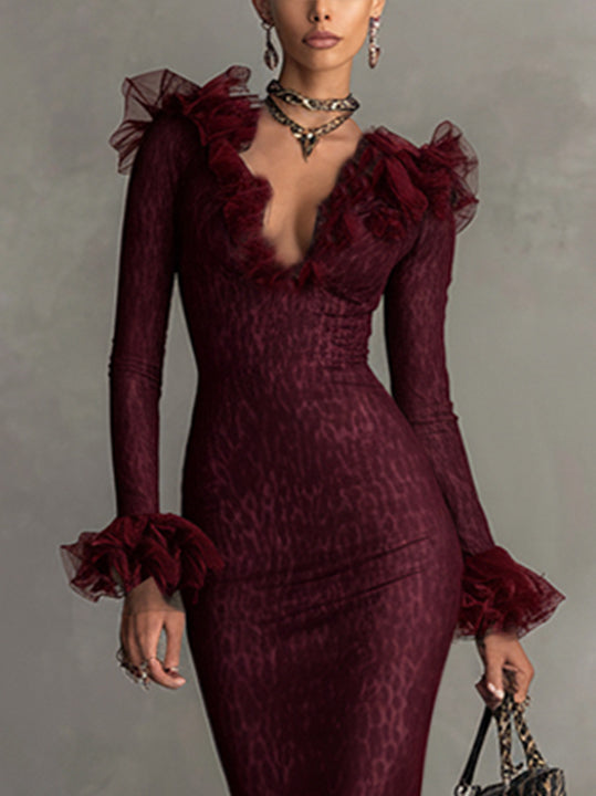 Burgundy Mesh Ruffle Mermaid Midi Dress With Deep V Neck
