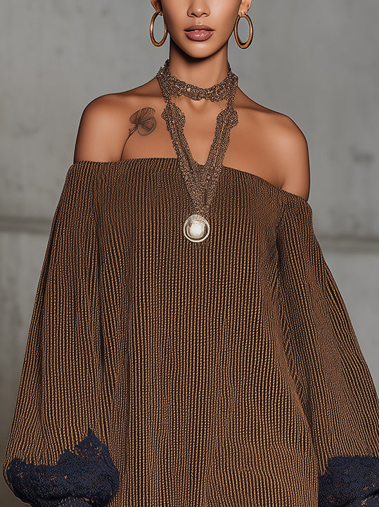 Brown Off-Shoulder Mini Dress With Navy Lace Trim And Balloon Sleeves