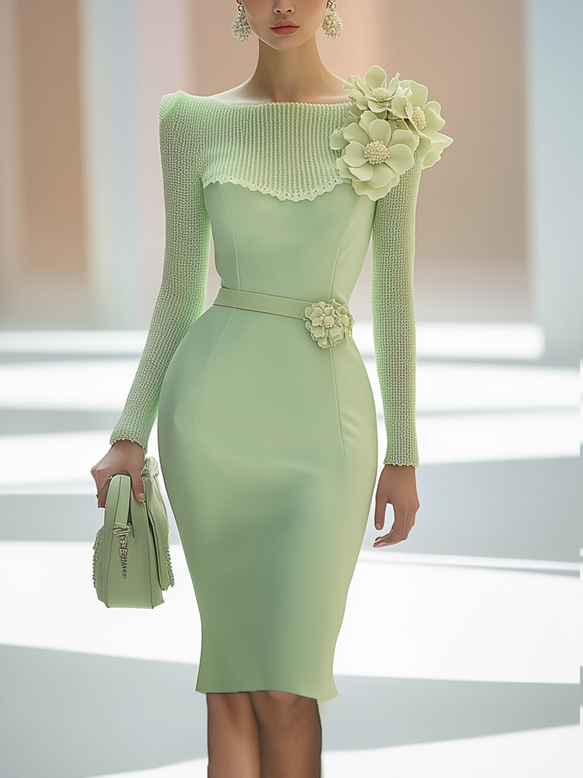 Green Sheath Dress With Knit Yoke And Floral Accents