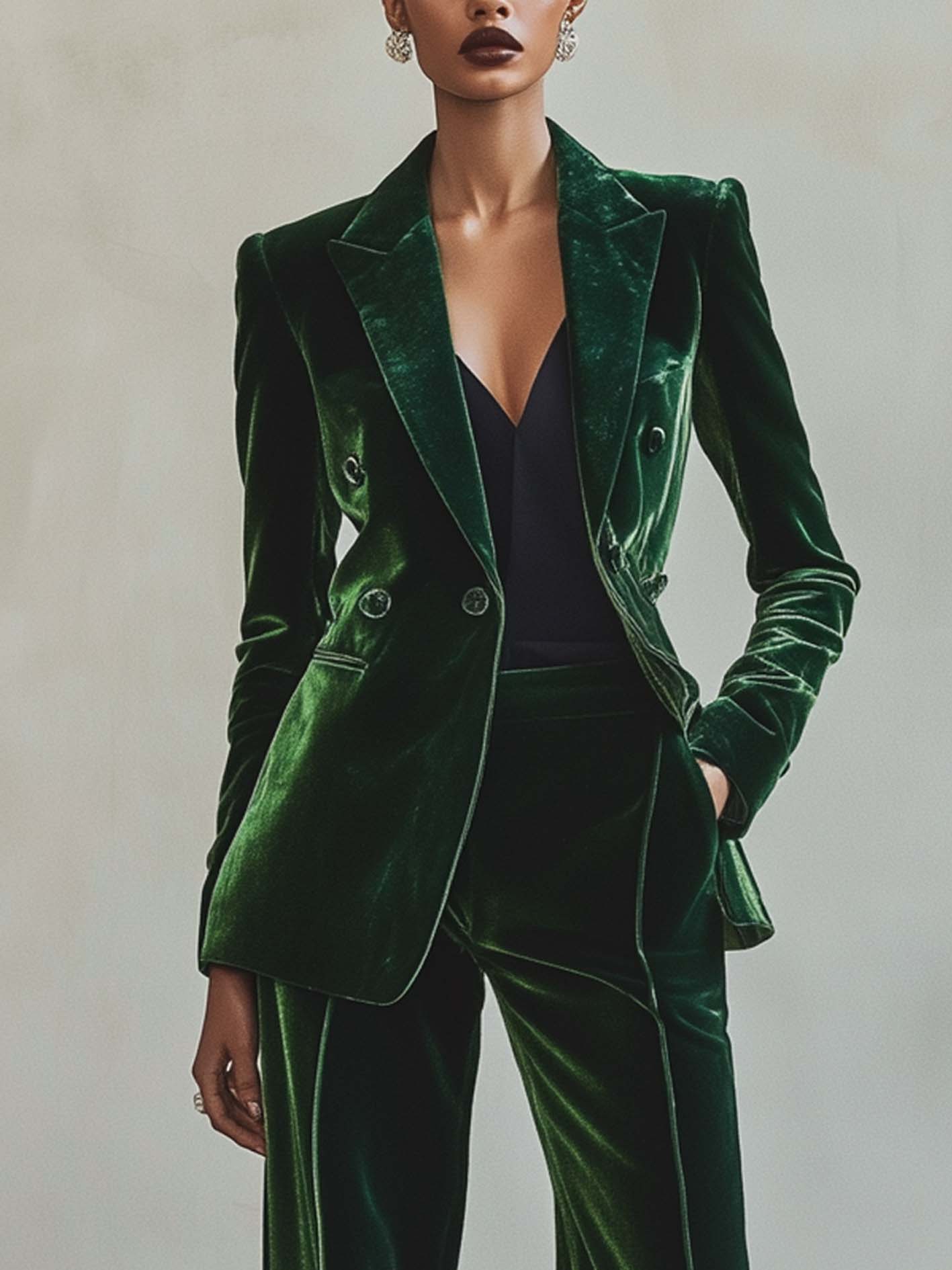 Dark Green Velvet Double-breasted Suit
