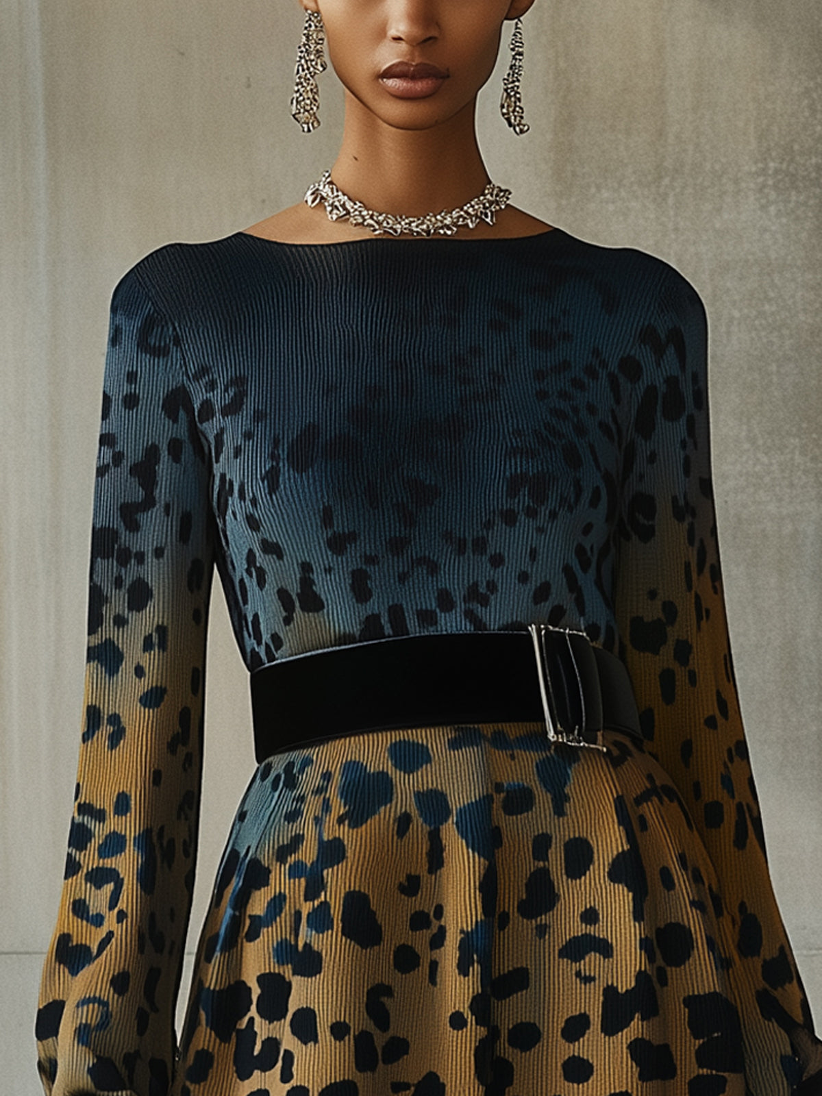 Blue And Yellow Leopard Print Pleated Waist Boat Neck Long Sleeve Mini Dress