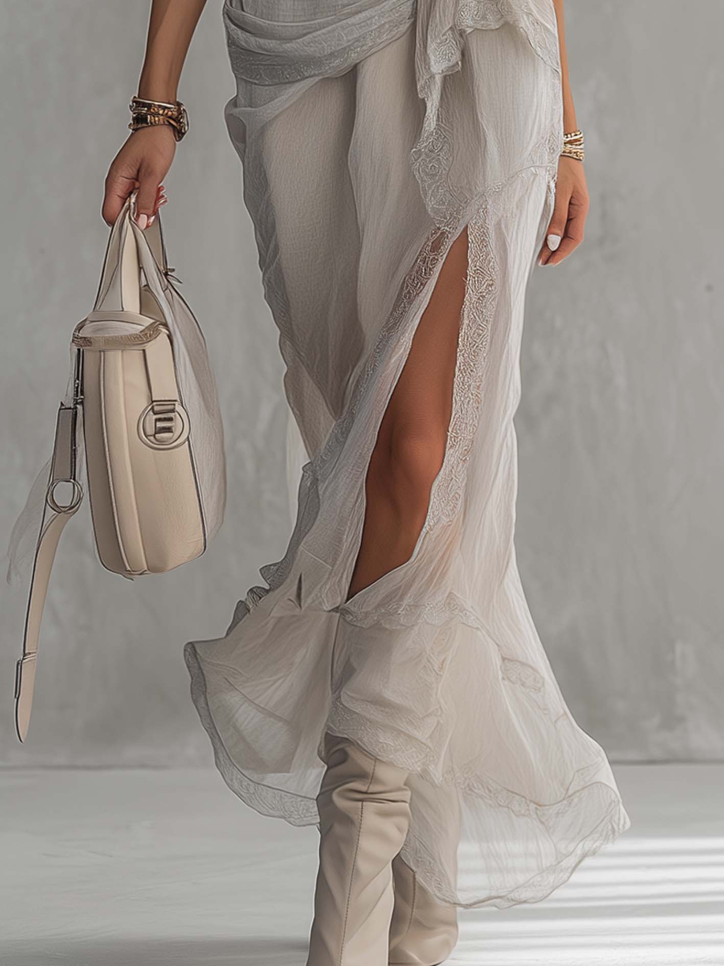 Light Gray Chiffon Pleated Lace Trim Maxi Dress
