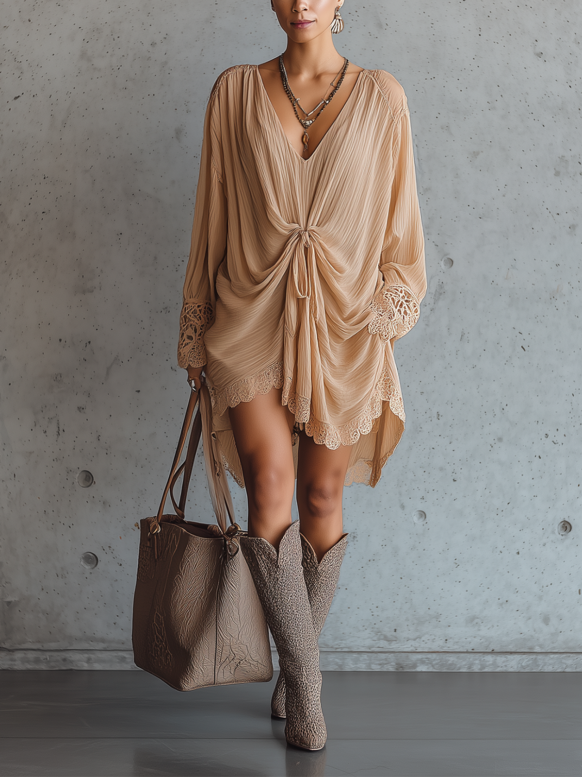 Light Brown Pleated Chiffon Lace-Trimmed Tie-Front Mini Dress