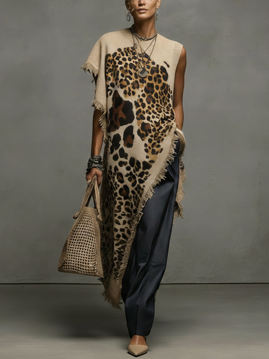 Coffee Leopard Asymmetric Knit Maxi Dress