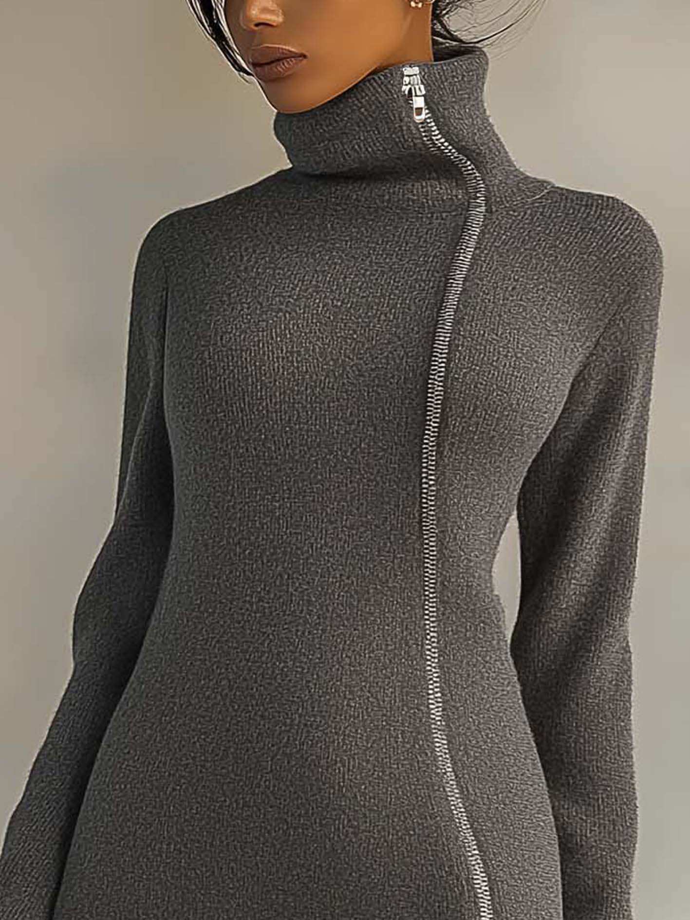 Gray Knitted Mini Dress With Zippered High Collar