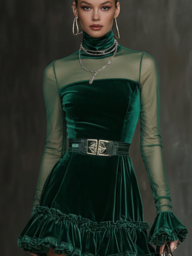 Emerald Sheer Sleeve Velvet Ruffle Mini Dress