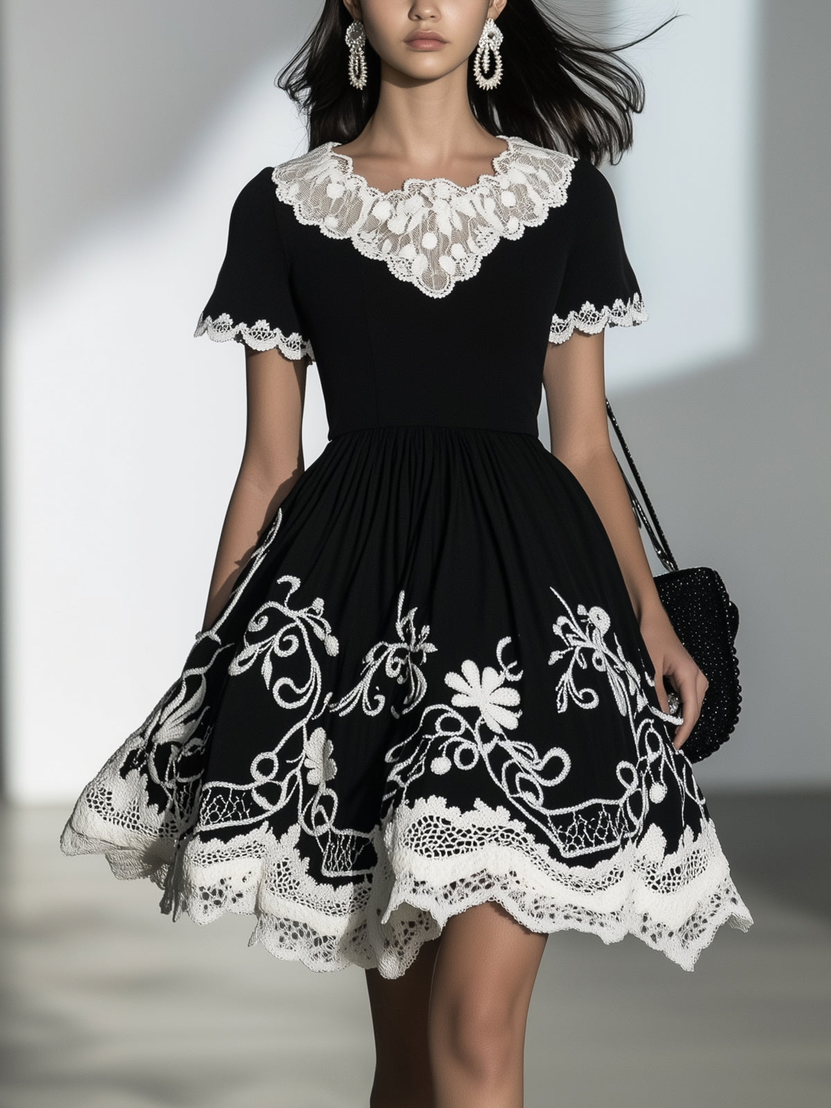 Black Embroidered A Line Lace Collar Crew Neck Short Sleeve Mini Dress