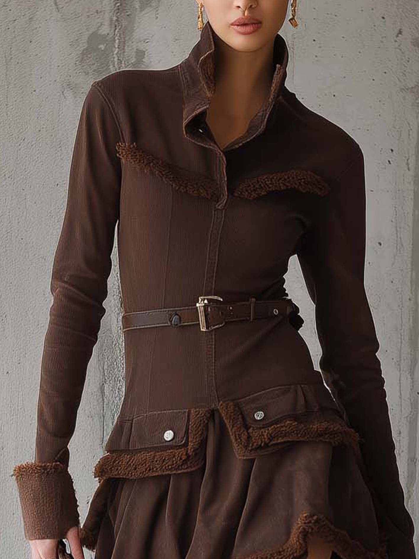 Chocolate Brown Patchwork Fringe Trim Mini Dress Without Belt