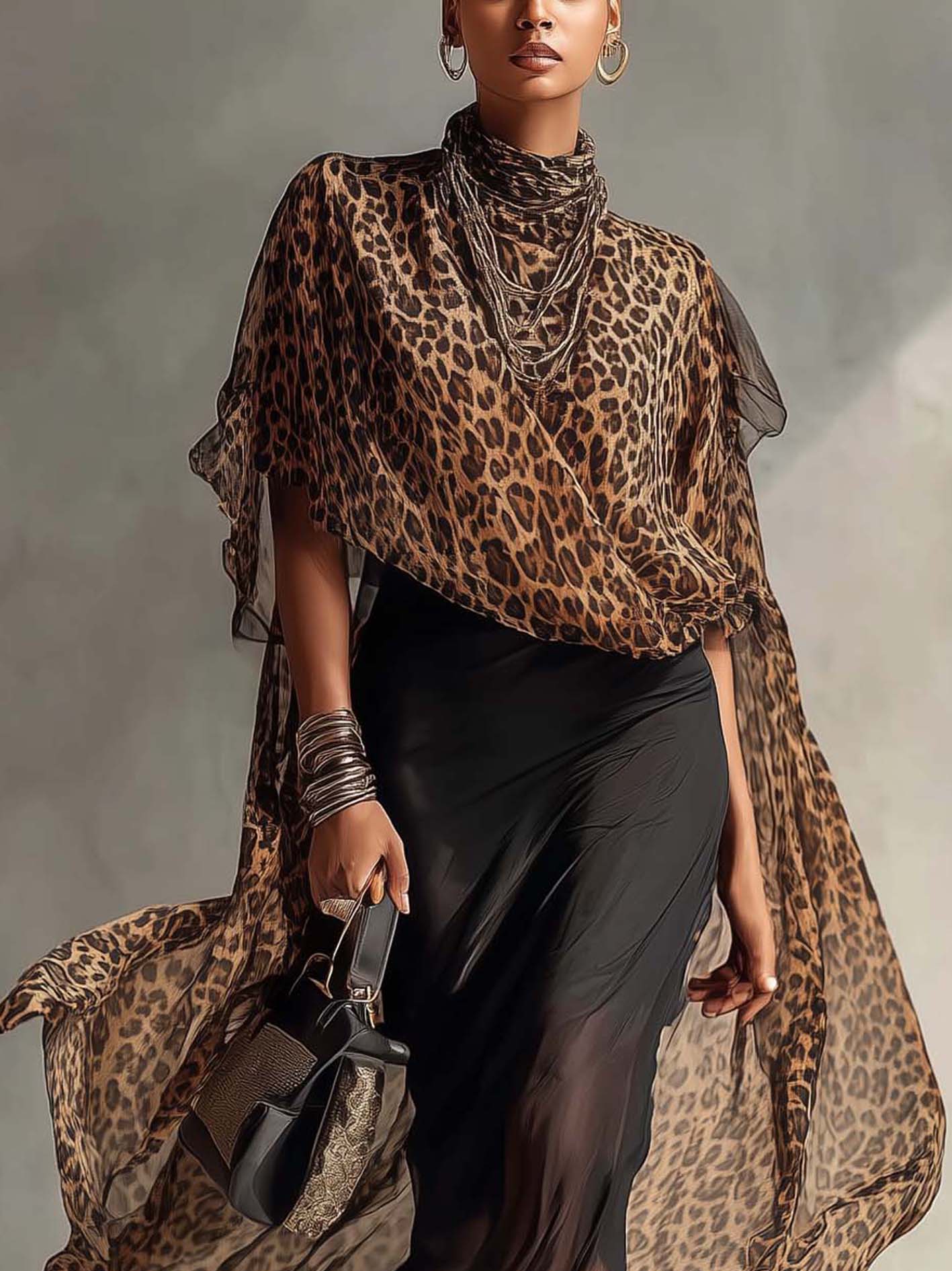 Leopard Chiffon Kimono Set With Black Bodycon Dress