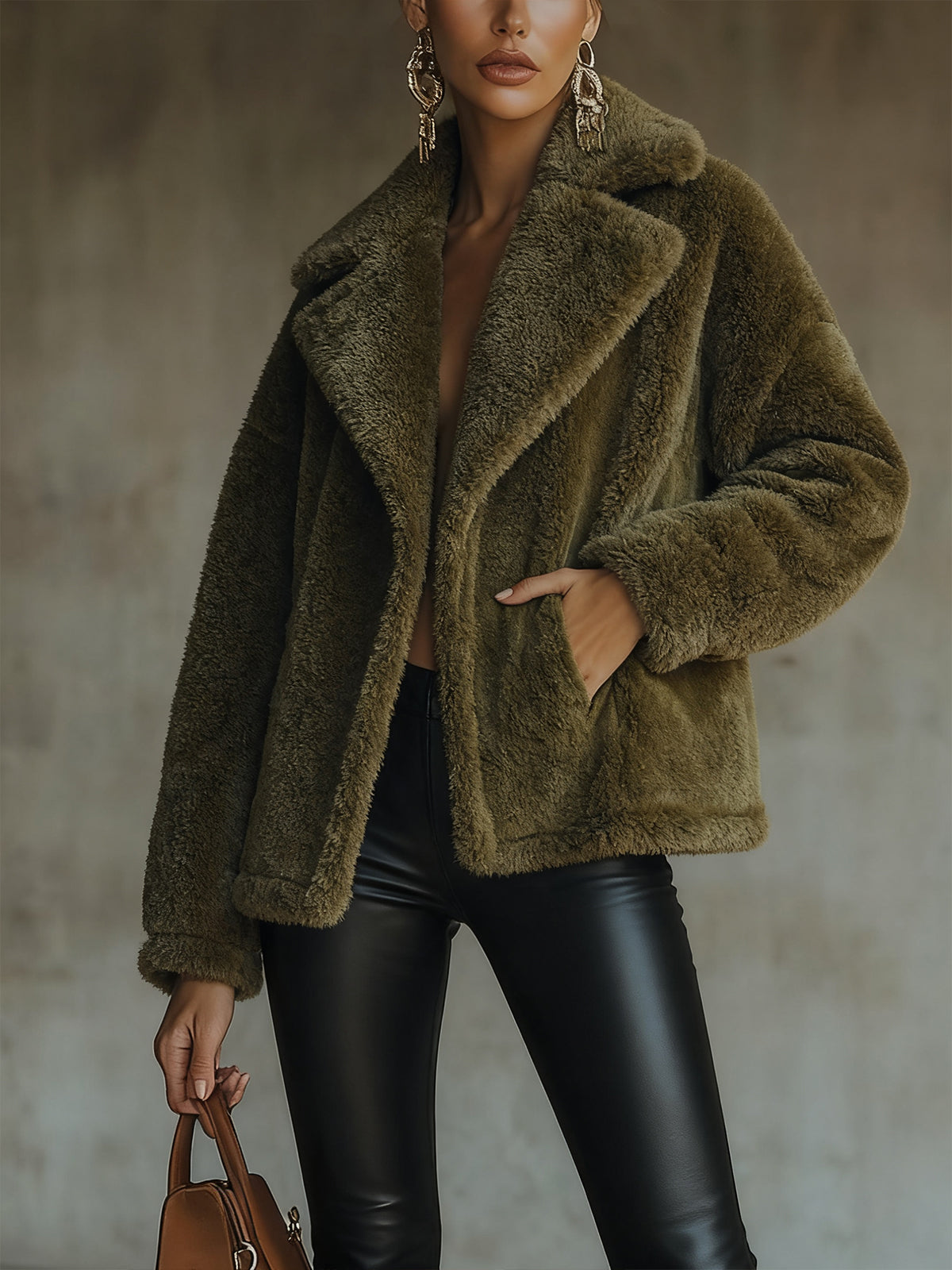 Olive Faux Shearling Oversized Lapel Jacket