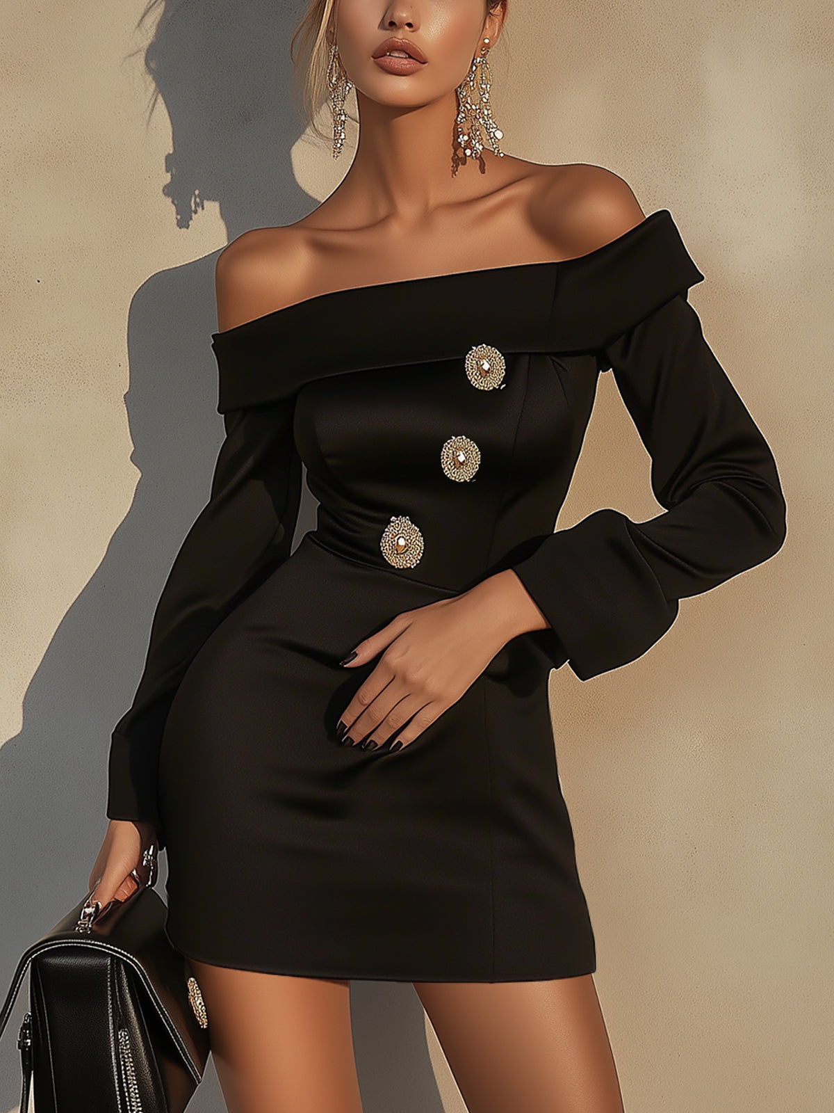 Black Off Shoulder  Mini Dress With Statement Buttons