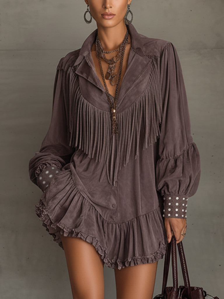 Vintage Plum Suede Fringe Mini Dress