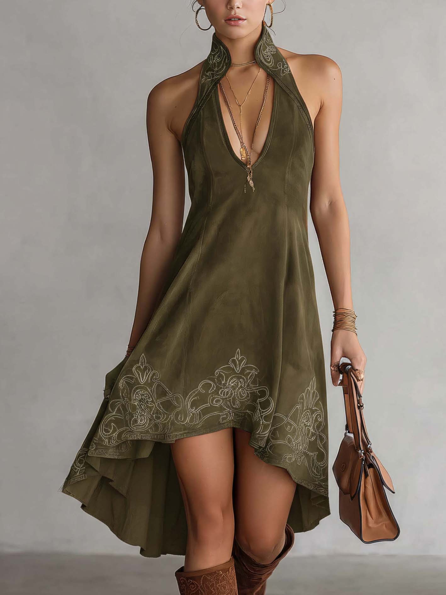 Olive Green Faux Suede Embroidered Halter Mini Dress