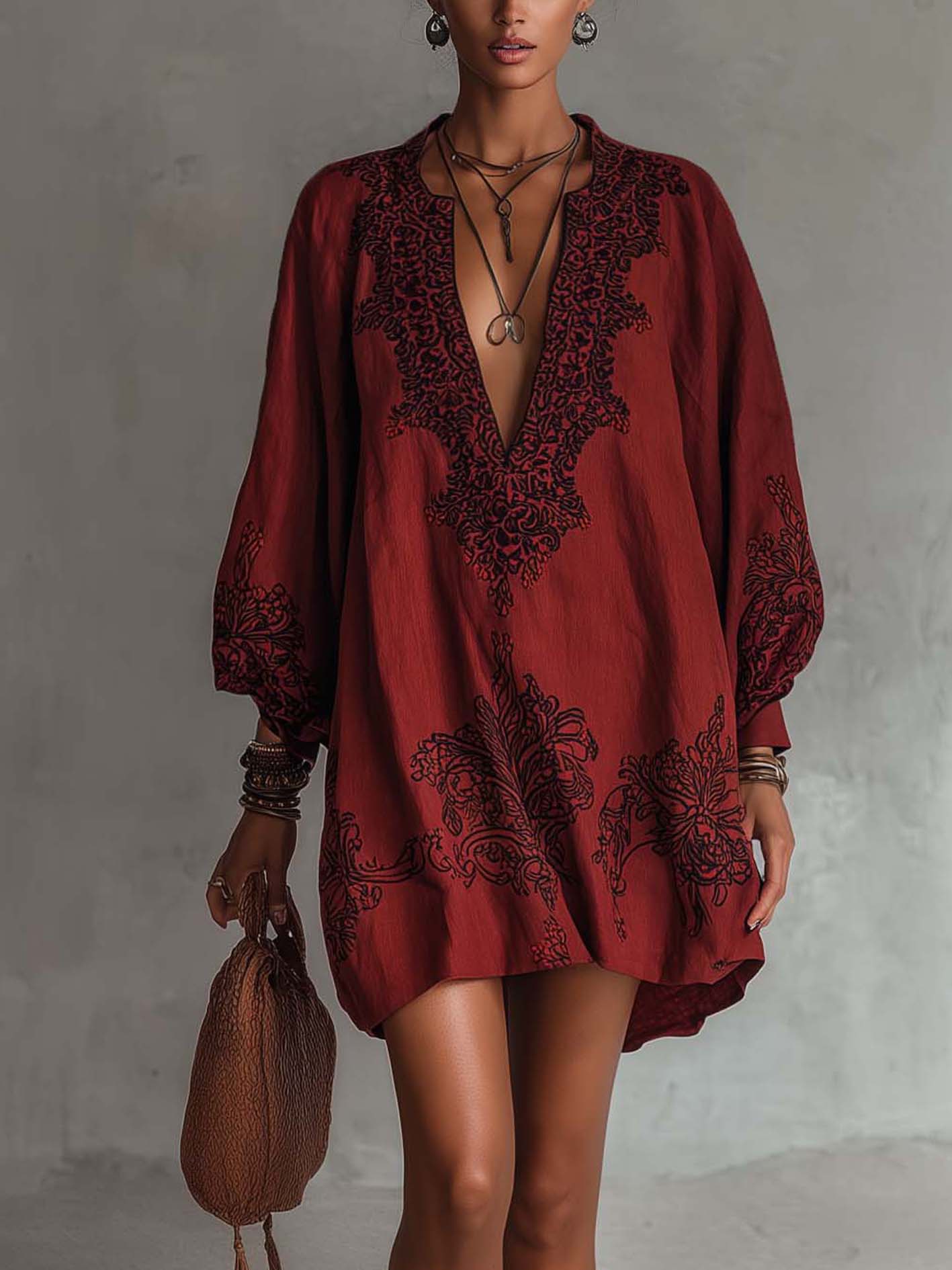 Burgundy Cotton Linen Embroidered Mini Dress